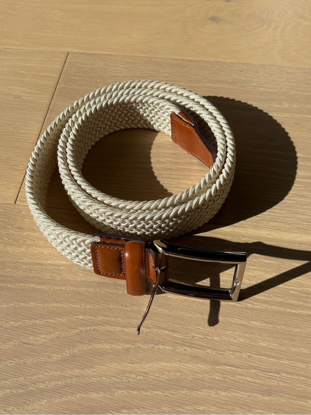 L’Aiglon Paris Cream Woven Stretch Belt with Leather Trim – Size 95 / 38